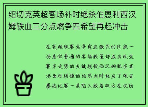 绍切克英超客场补时绝杀伯恩利西汉姆铁血三分点燃争四希望再起冲击